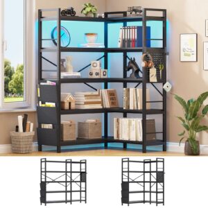 sedeta 5 tier corner bookshelf, modern corner bookcase, convertible bookshelf with storage bag, pegboard & led light, tall bookshelves for bedroom, living room and home office, black