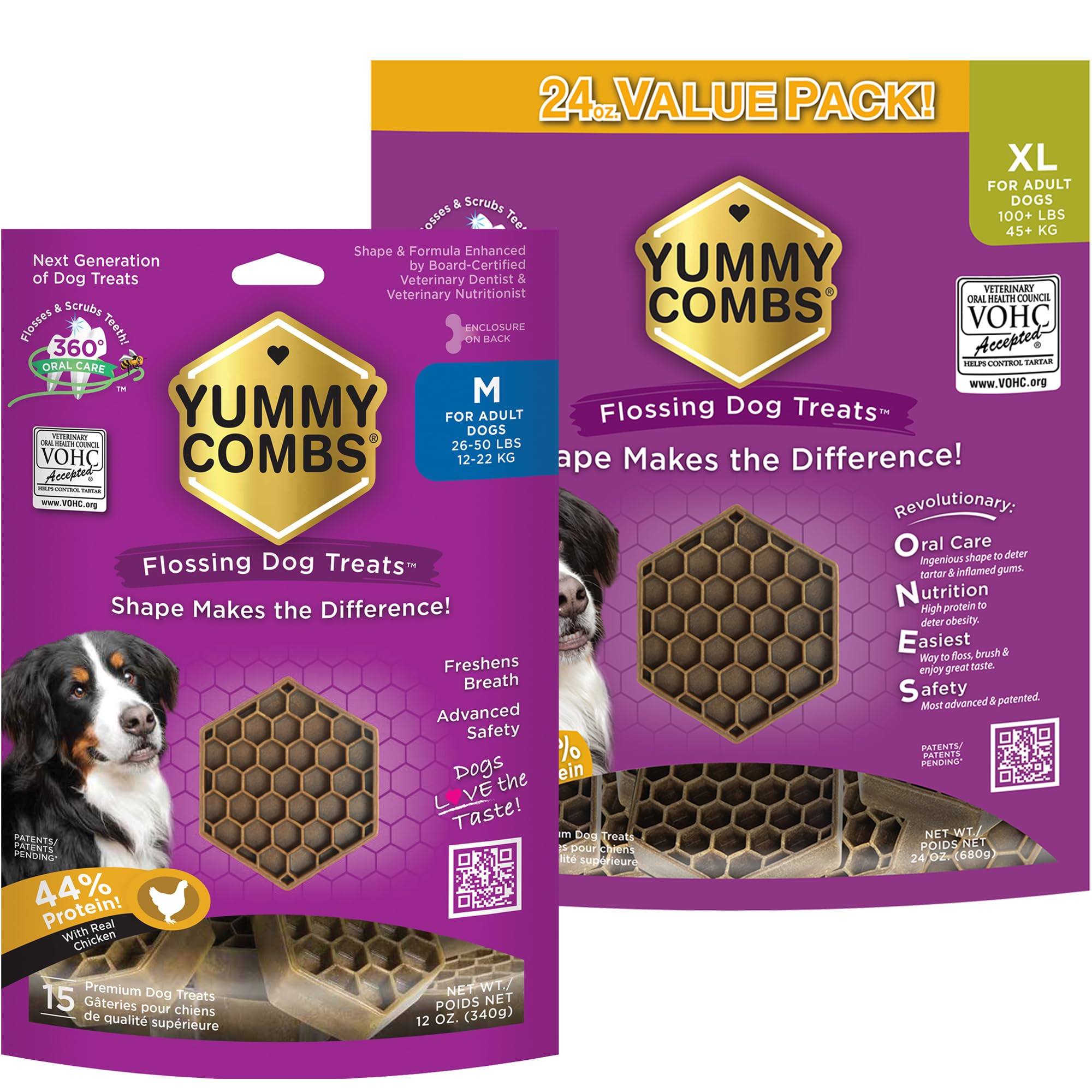 Yummy Combs - Dog Dental Treats | Removes Tartar - Vet VOHC Approved | A Yummy Treat for Teeth Cleaning - Chicken Protein | Medium 12oz and Extra Large 24oz