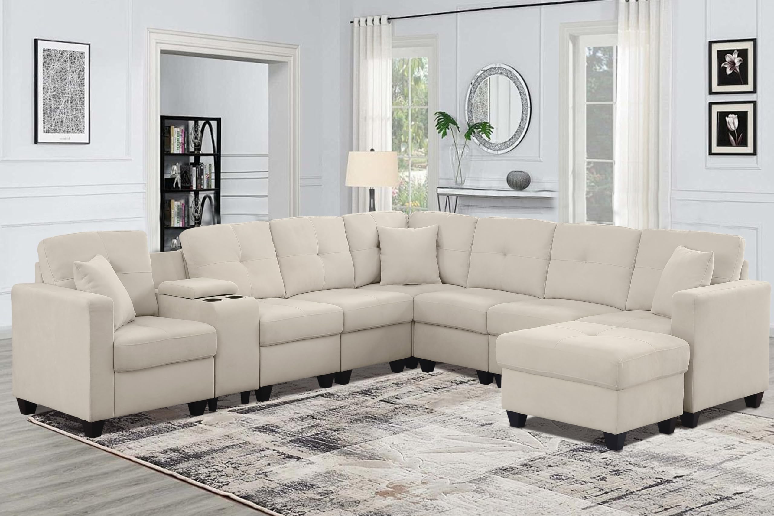 Ball & Cast 127" Convertible Sectional Sofa Couch with Removable Ottoman and Cup Holder,6 Seat Modular Living Room Furniture Sets with 2 Pillows & USB Port,for Lounge,Apartment,Beige