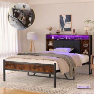 full size bed frame with charging station and led lights, metal double bed frame with headboard hidden storage, rustic wood and strong metal support platform bed frame, noise free, vintage brown