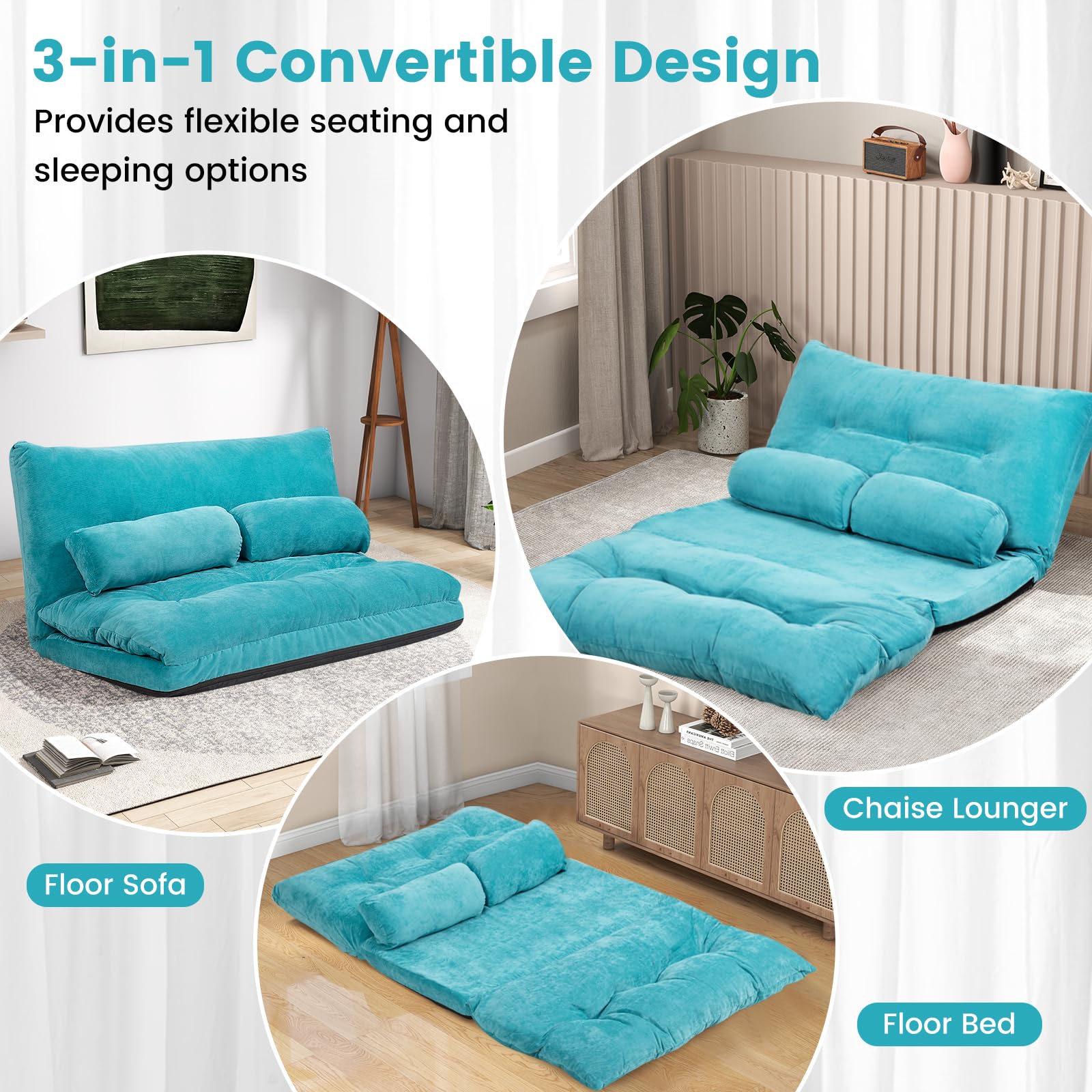 Moccha Convertible Floor Sofa Bed, 6-Position Adjustable Folding Sleeper Bed Lazy Sofa with 2 Pillows & Corduroy Fabric, Foldable Sofa Couch Recliner for Reading, Gaming, Sleeping, Playing, Turquoise