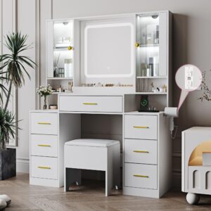 bornoon makeup vanity with led light strip mirror and chair, 7 drawers & 2 rgb cabinets white vanity makeup desk with power strip, adjustable led lighting, and cushioned stool for women, girls, teens