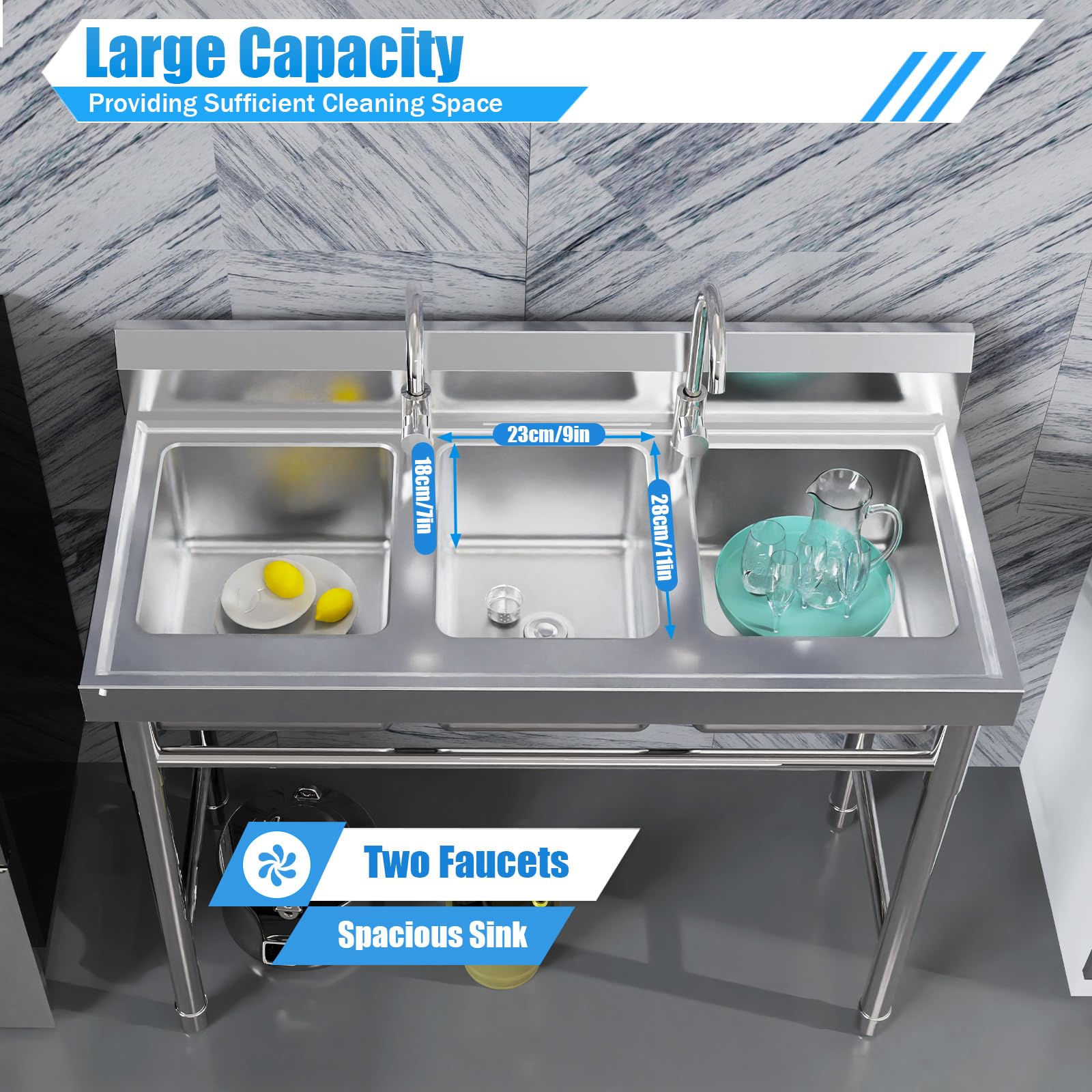 3 Compartment Sink Commercial Kitchen Sink with 2 Hot & Cold Faucet Stainless Steel Outdoor Sink Freestanding Utility Sink for Restaurant Laundry Each Sink 11"L x 9"W x 7"H