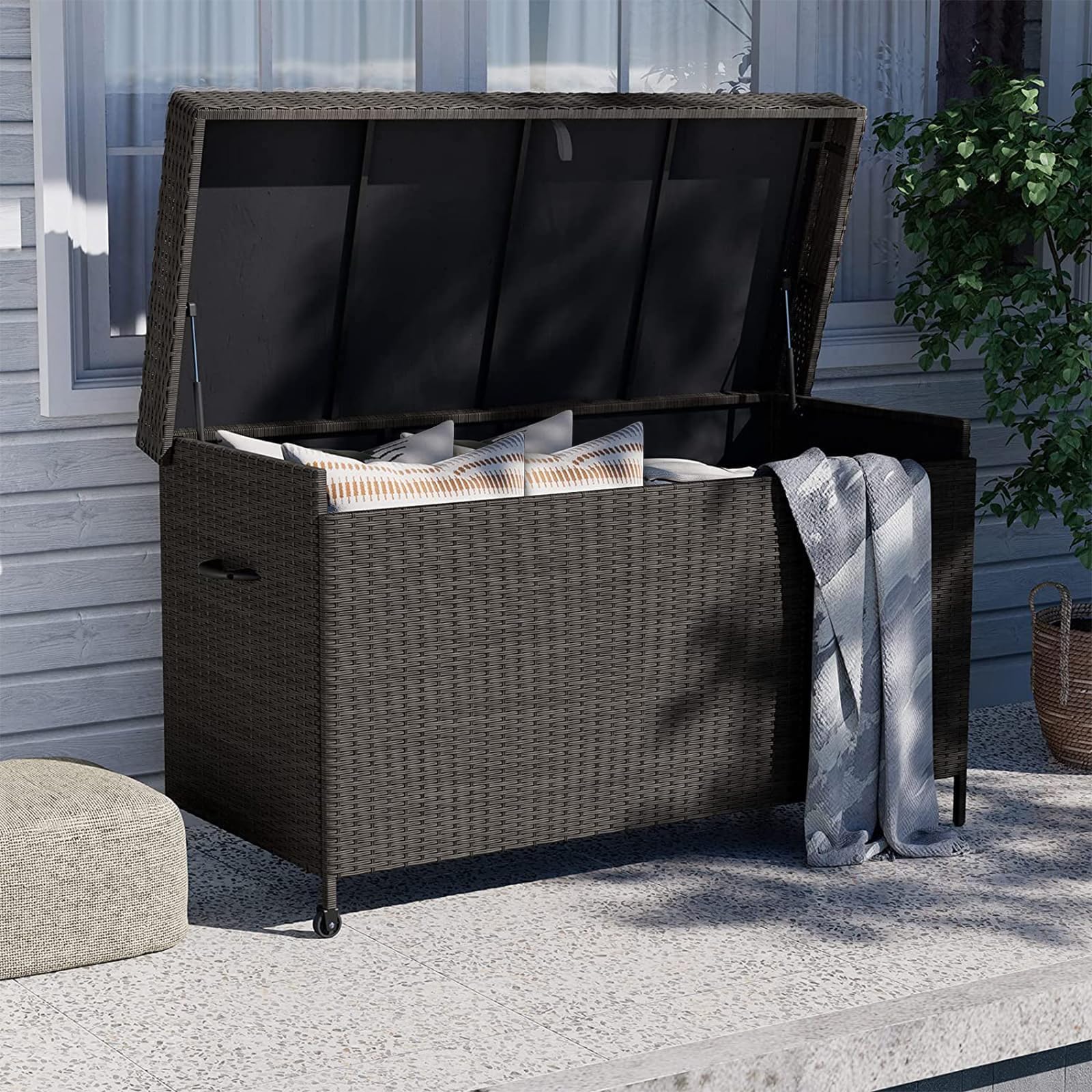 Grand patio 170 Gallon Deck Storage Box Deck Box Outdoor Storage Box Indoor Wicker Storage Bin Patio Storage Box for Patio Furniture Cushions Garden Tools Pool Accessories, Dark Brown