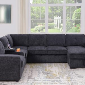 Ball & Cast 120" Sofa Bed with Pull Out Storage,5 Seat Sectional Couch with Cup Holder & USB Port,2 in 1 Design,for Living Room,Lounge,Apartment,Dark Grey