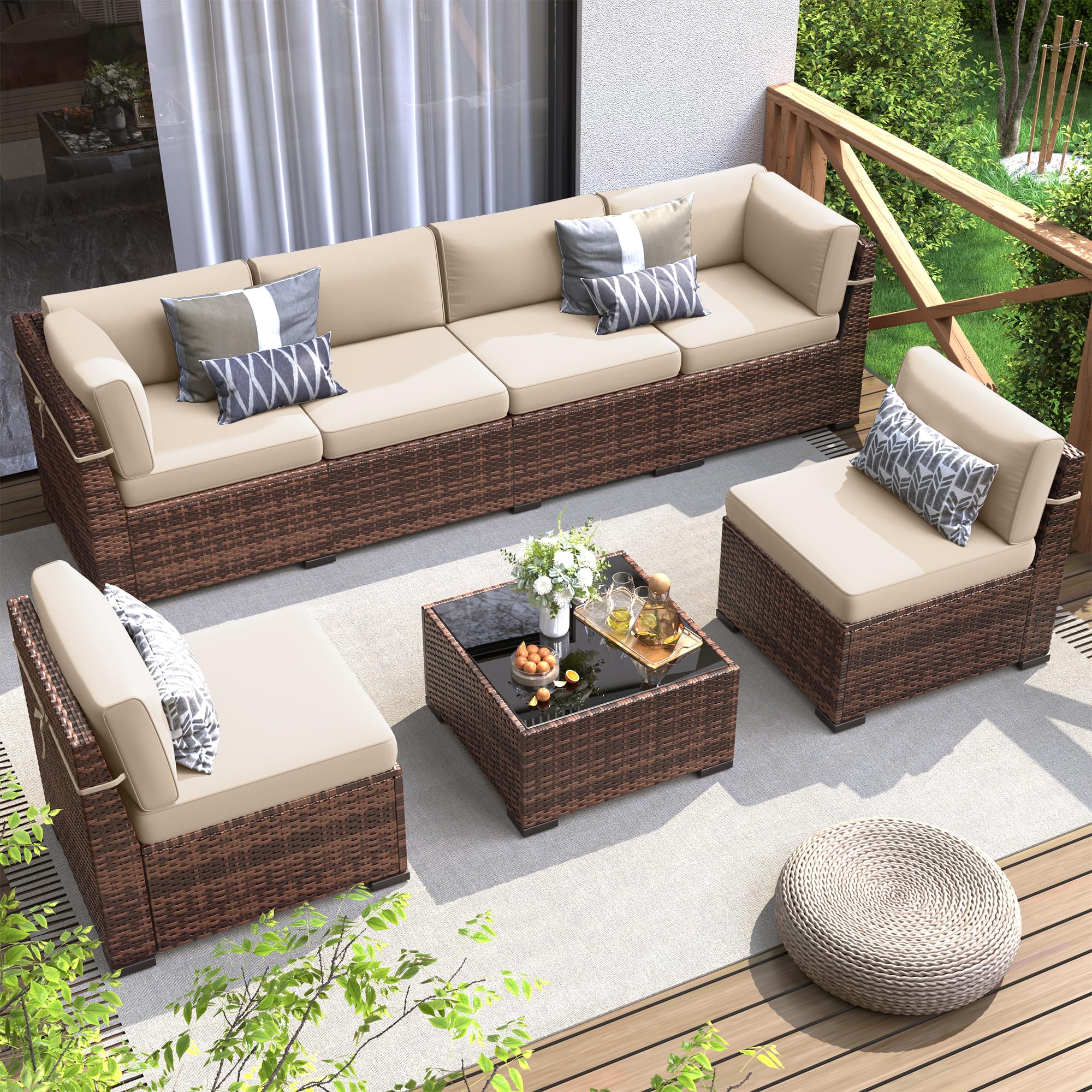 Patio Furniture Set, 7 Pieces Outdoor Modular Conversation Set Wicker Sectional Sofa for All Weather Rattan Patio Couch for Porch Garden Backyard Balcony Poolside (Khaki)