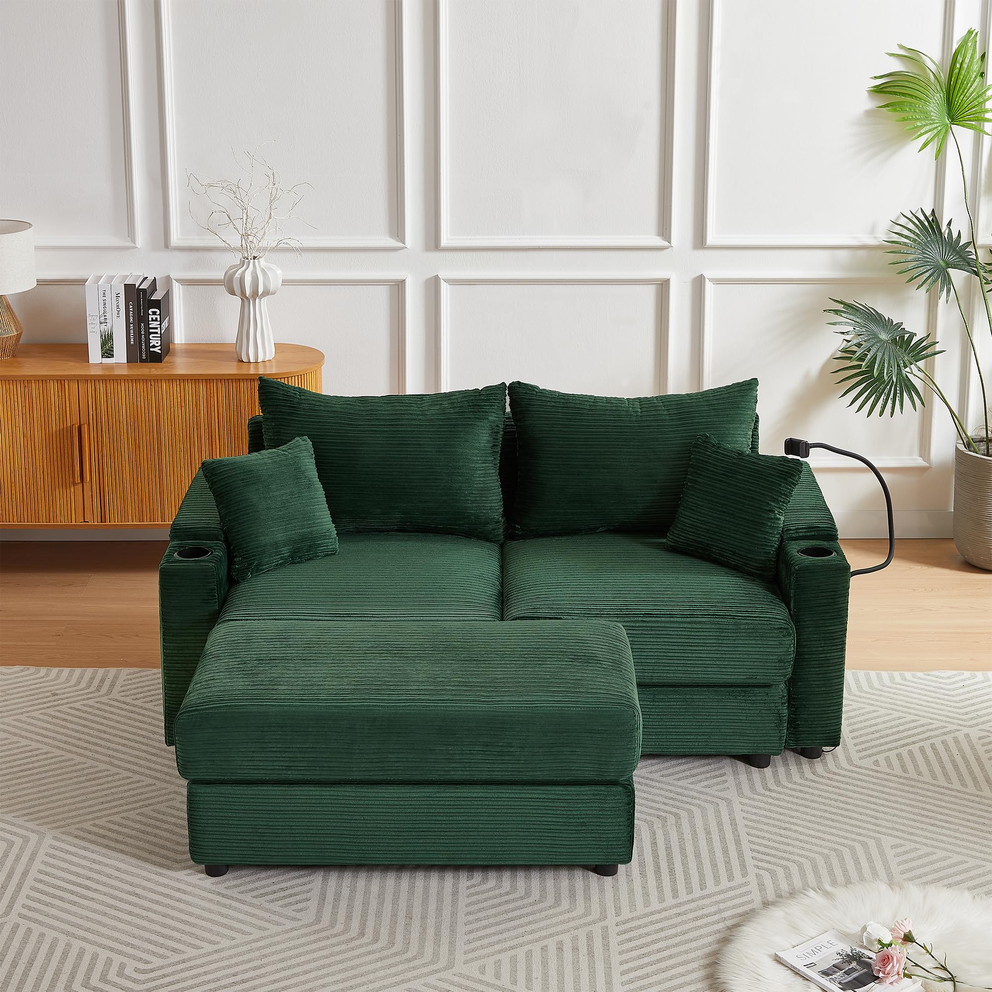 Modern L-Shaped Sectional Sofa with Chaise,Two USB Ports & Cup Holders, Loveseat Couch with A Phone Holder for Small Space Green