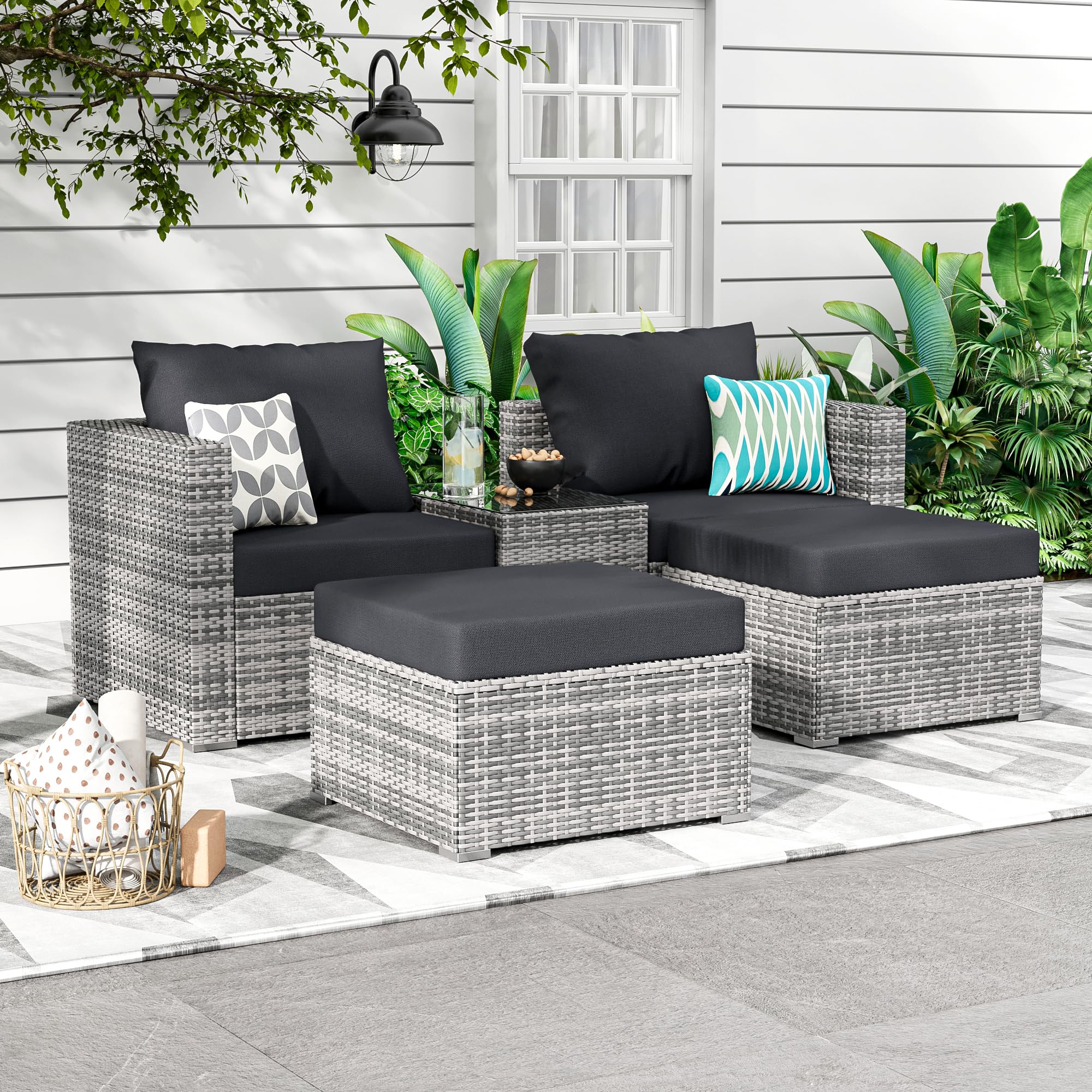 Vimstora 5 Pieces Outdoor Patio Sectional Furniture Set with Ottomans, Wicker Patio Furniture Conversation Sets Sofa for Backyard Garden Balcony Poolside,Waterproof, rain Cover