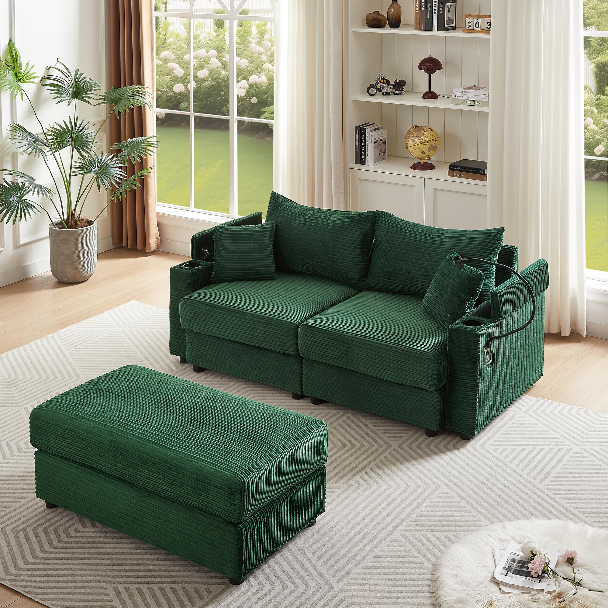 Modern L-Shaped Sectional Sofa with Chaise,Two USB Ports & Cup Holders, Loveseat Couch with A Phone Holder for Small Space Green