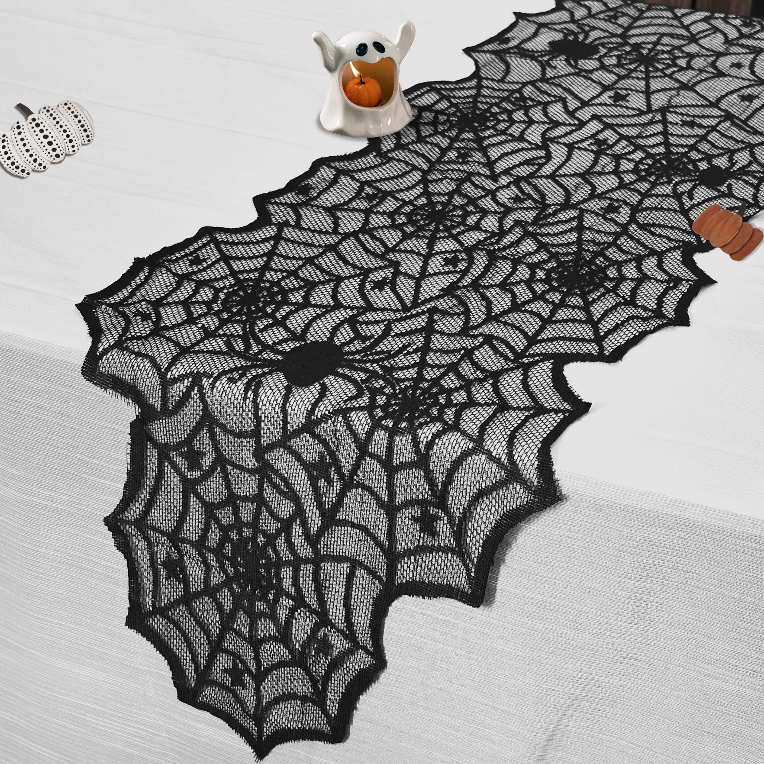 Halloween Table Runner, Black Lace Spider Web Table Cloth for Halloween Table Decor, Creepy Table Runner for Halloween Party Dinner Table Decoration Indoor