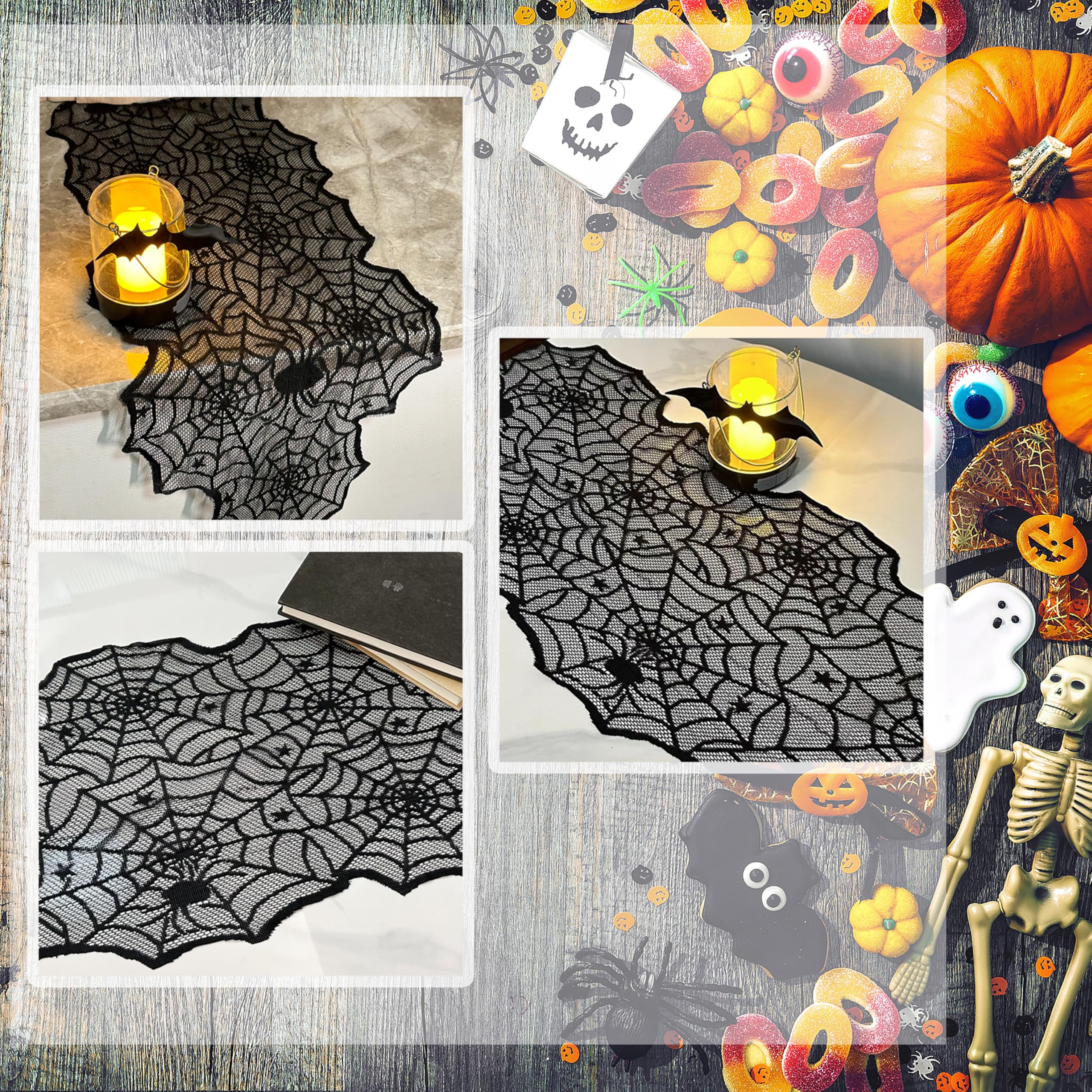 Halloween Table Runner, Black Lace Spider Web Table Cloth for Halloween Table Decor, Creepy Table Runner for Halloween Party Dinner Table Decoration Indoor