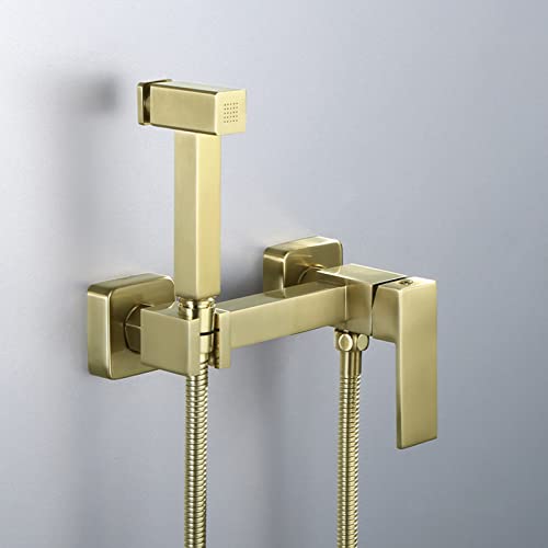 MINJING Wall Mounted Toilet Shower Spray Mixer Set Hot and Cold Hand Held Sprayer Toilet Attachment Brushed Gold Brass Bathroom Toilet Bidet Mixer Spray Kit,B