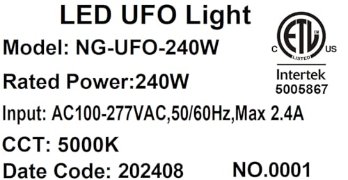 ZGDZ LED UFO High Bay Light, 240W Highbay LED Shop Light, 36,000 Lumens Super Bright, 5000K, 0-10V Dimmable, 5' Cable Plug, Industrial Grade, ETL Listed