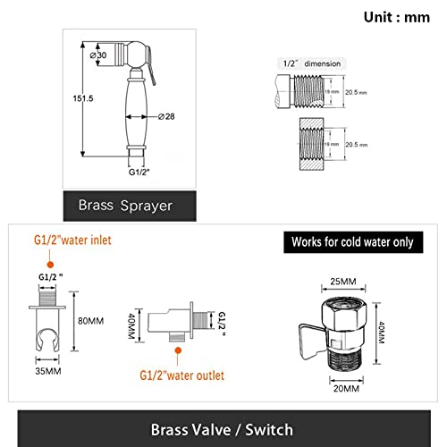 MINJING Rose Gold Handheld Toilet Bidet Sprayer, Solid Brass Bathroom Shattaf Shower Attachment, Wall Mount Single Cold Bidet Faucet with Brass Angle Valve,B