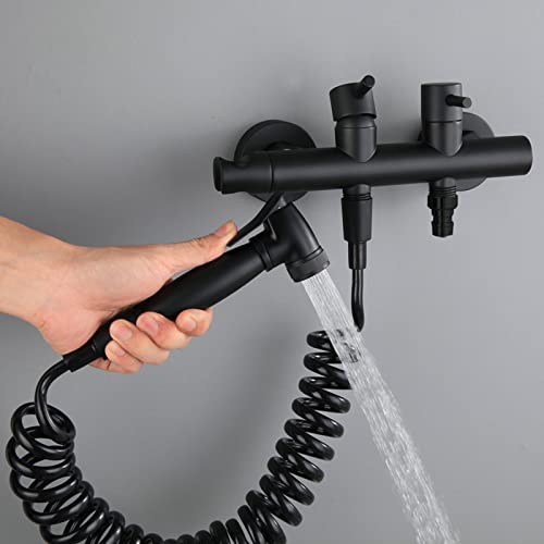 MINJING Handheld Bidet Sprayer, All Copper Black Bathroom Toilet Bidet Attachment Set, Wall Mounted Bidet Faucet with Hot and Cold Water, Portable Cloth Diaper Sprayer