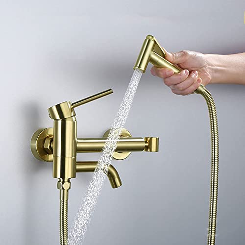 MINJING Handheld Toilet Bidet Sprayer, Brass Bidet Faucet with Cold and Hot Water, Bathroom Bidet Attachment for Personal Hygiene, Portable Cloth Diaper Sprayer, Brushed Gold