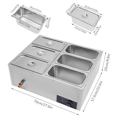 6-Pan Commercial Food Warmer, 850W Commercial Food Warmer Steamer Temperature Adjustable, Electric Stainless Steel Countertop for Parties, Catering, Restaurants