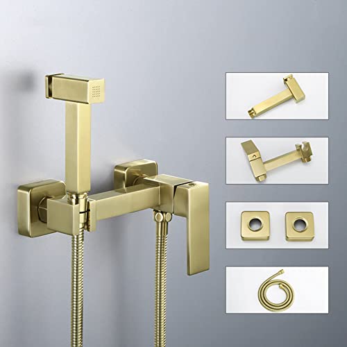 MINJING Wall Mounted Toilet Shower Spray Mixer Set Hot and Cold Hand Held Sprayer Toilet Attachment Brushed Gold Brass Bathroom Toilet Bidet Mixer Spray Kit,B