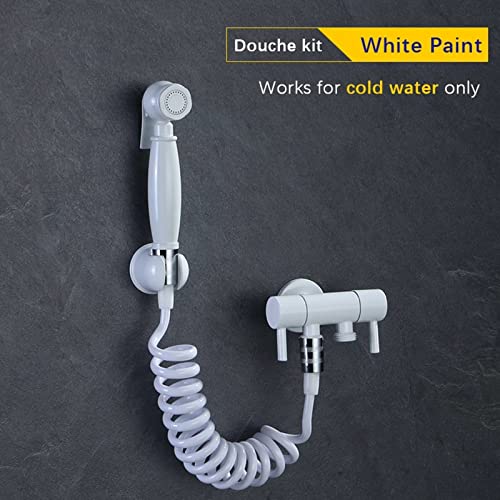 MINJING Hand Held Toilet Bidet Sprayer, Solid Brass Bidet Faucet for Single Cold Water, White Dual Handle Shower Douche Kit, Wall Mounted Bathroom Bidet Attachment Set,Set B