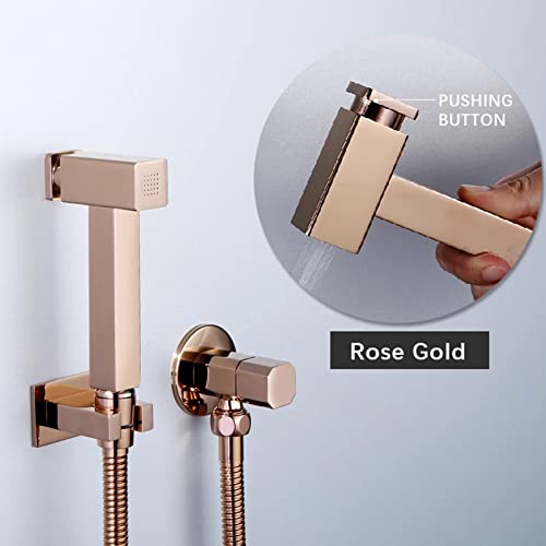 MINJING Handheld Toilet Bidet Sprayer with Pushing Button, Rose Gold Bathroom Shower Set, Solid Brass Bidet Faucet for Cold Water, Wall Mount Square Cloth Diaper Sprayer,B Set