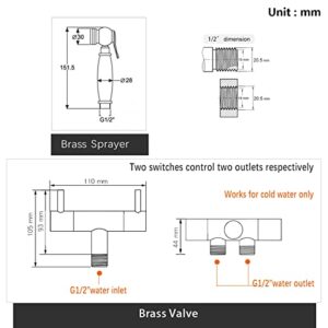 MINJING Hand Held Toilet Bidet Sprayer, Solid Brass Bidet Faucet for Single Cold Water, White Dual Handle Shower Douche Kit, Wall Mounted Bathroom Bidet Attachment Set,Set B