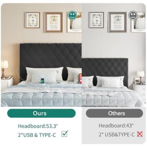 YITAHOME King Velvet Bed Frame with 53" Tall Headboard,Upholstered Platform Bed with 2 USB C/A, Button Tufted Velvet Headboard,No Box Spring Needed,Noise-Free (Black, King)