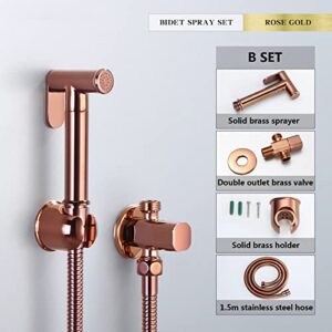 MINJING Handheld Toilet Bidet Sprayer, Brass Rose Gold Shower Douche Kit, Adjustable Water Pressure Control Cloth Diaper Sprayer, Wall Mount Cold Water Bathroom Bidet Faucet,B Set