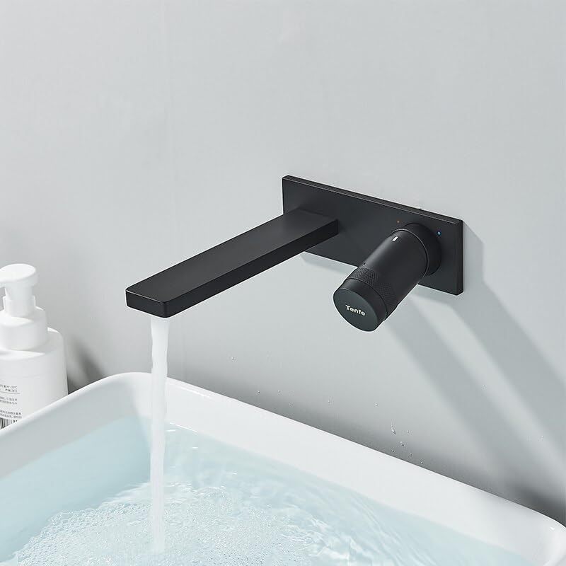 DUSJYOHRD Wall Mount Brass Basin Faucet Bathroom Black Faucet Spout Bath Round Handwheel Hot and Cold Water Concealed Mixer Tap