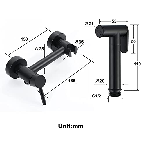 MINJING Matte Black Handheld Bidet Sprayer, Brass Portable Cloth Diaper Sprayer for Toilet, Wall Mount Hot and Cold Water Bidet Faucet, Bathroom Bidet Attachment Set