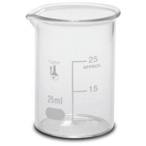 25ml beaker, low form griffin, borosilicate 3.3 glass, spout & printed graduations, karter scientific 232n3 (pack 12)