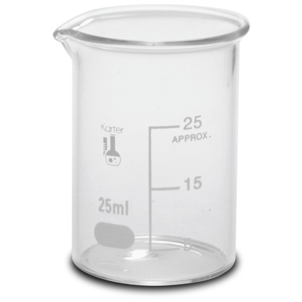 25ml Beaker, Low Form Griffin, Borosilicate 3.3 Glass, Spout & Printed Graduations, Karter Scientific 232N3 (Pack 12)