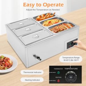 6-Pan Commercial Food Warmer, 850W Commercial Food Warmer Steamer Temperature Adjustable, Electric Stainless Steel Countertop for Parties, Catering, Restaurants