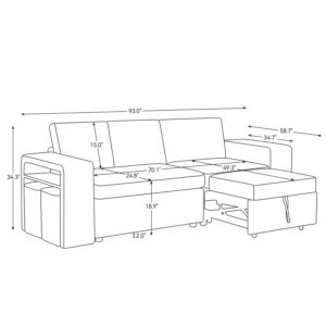 Bumblr 93" Modular Sectional Couches for Living Room Furniture, Comfy L Shape Couch with Chaise, Pull Out Couch with 2 Ottomans, Wide Sofa Armrest with Storage Space, Dark Grey