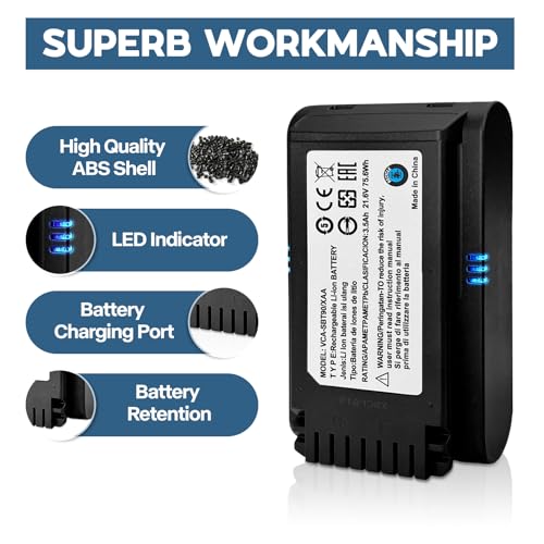 Battery for Samsung Jet 60 65 70 75 90 Series Cordless Stick Vacuum Cleaner Battery, Replacement for VCA-SBTA60 VCA-SBT90 VCA-SBT90EB Model Battery, 3.5Ah 21.6V 75.6Wh, Lithium-Ion Battery.