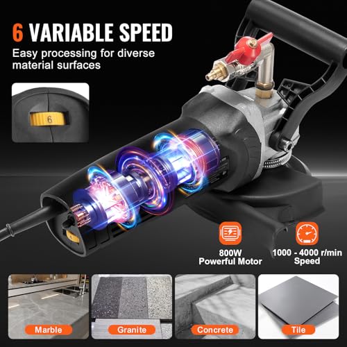 VEVOR Wet Polisher 800W, 4" Concrete Grinder with 6 Variable Speed and 7 Polishing Kits, Wet Grinder Machine for Marble, Granite, Stone, Rock, Tile, Equipped with a GFCI Switch, (1000 - 4000 RPM)