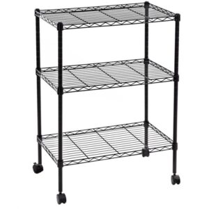 imseigo 3-layer adjustable metal storage shelf,plastic coated,1.5" plastic wheel casters，mobile iron organizer wire rack，23.6" l x 13.8" w x 33.5" h for indoor living room,kitchen,corridor,bedroom