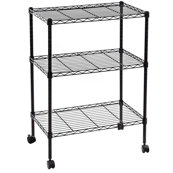 Imseigo 3-Layer Adjustable Metal Storage Shelf,Plastic Coated,1.5" Plastic Wheel Casters，Mobile Iron Organizer Wire Rack，23.6" L x 13.8" W x 33.5" H for Indoor Living Room,Kitchen,Corridor,Bedroom