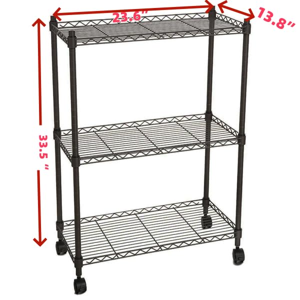 Imseigo 3-Layer Adjustable Metal Storage Shelf,Plastic Coated,1.5" Plastic Wheel Casters，Mobile Iron Organizer Wire Rack，23.6" L x 13.8" W x 33.5" H for Indoor Living Room,Kitchen,Corridor,Bedroom