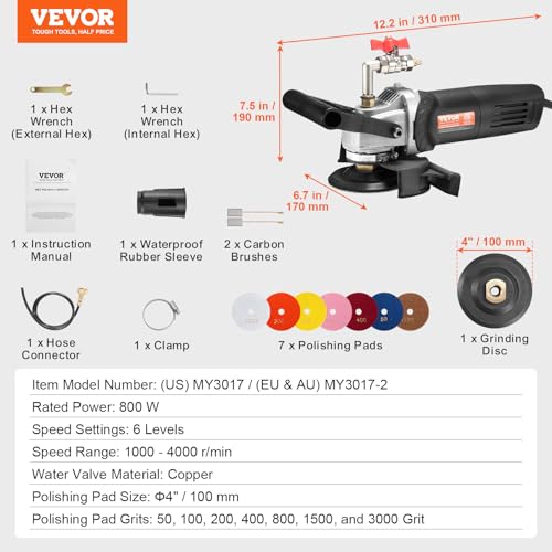 VEVOR Wet Polisher 800W, 4" Concrete Grinder with 6 Variable Speed and 7 Polishing Kits, Wet Grinder Machine for Marble, Granite, Stone, Rock, Tile, Equipped with a GFCI Switch, (1000 - 4000 RPM)