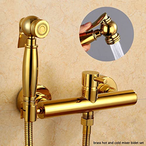 MINJING Brass Handheld Toilet Bidet Sprayer, Titanium Gold Shower Sprayer Set, Wall Mounted Bidet Faucet with Hot and Cold Mixer Valve, Single Handle Cloth Diaper Sprayer,15cm