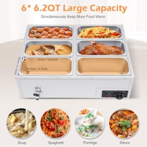 6-Pan Commercial Food Warmer, 850W Commercial Food Warmer Steamer Temperature Adjustable, Electric Stainless Steel Countertop for Parties, Catering, Restaurants