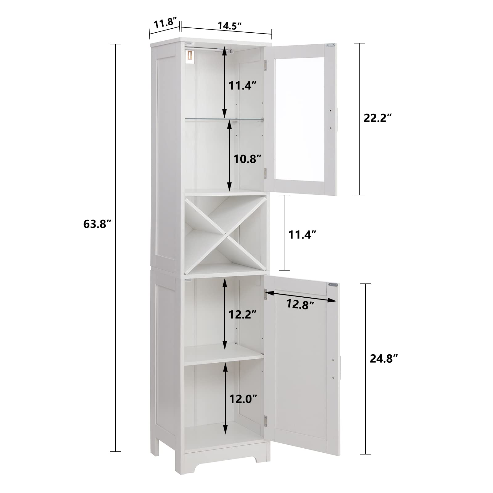 Quimoo Tall Storage Cabinet, Bathroom Cabinet with 2 Doors & LED Sensor Light, Tall Bathroom Storage Cabinet with 3 Adjustable Shelves, Linen Tower Floor Cabinet for Living Room, White