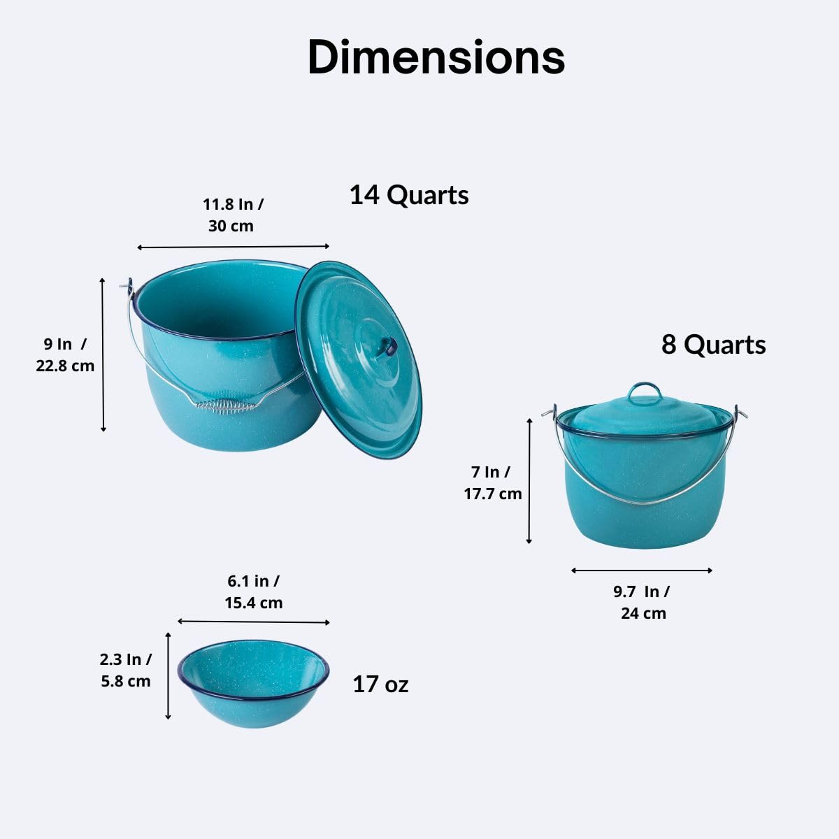 Cinsa Pozole Making Set (8 pieces) 14 and 8 Quarts Enameled Steel Stock Pots with Lid, 4x bowls 17 oz, Multi Use Pots, Turquoise Blue