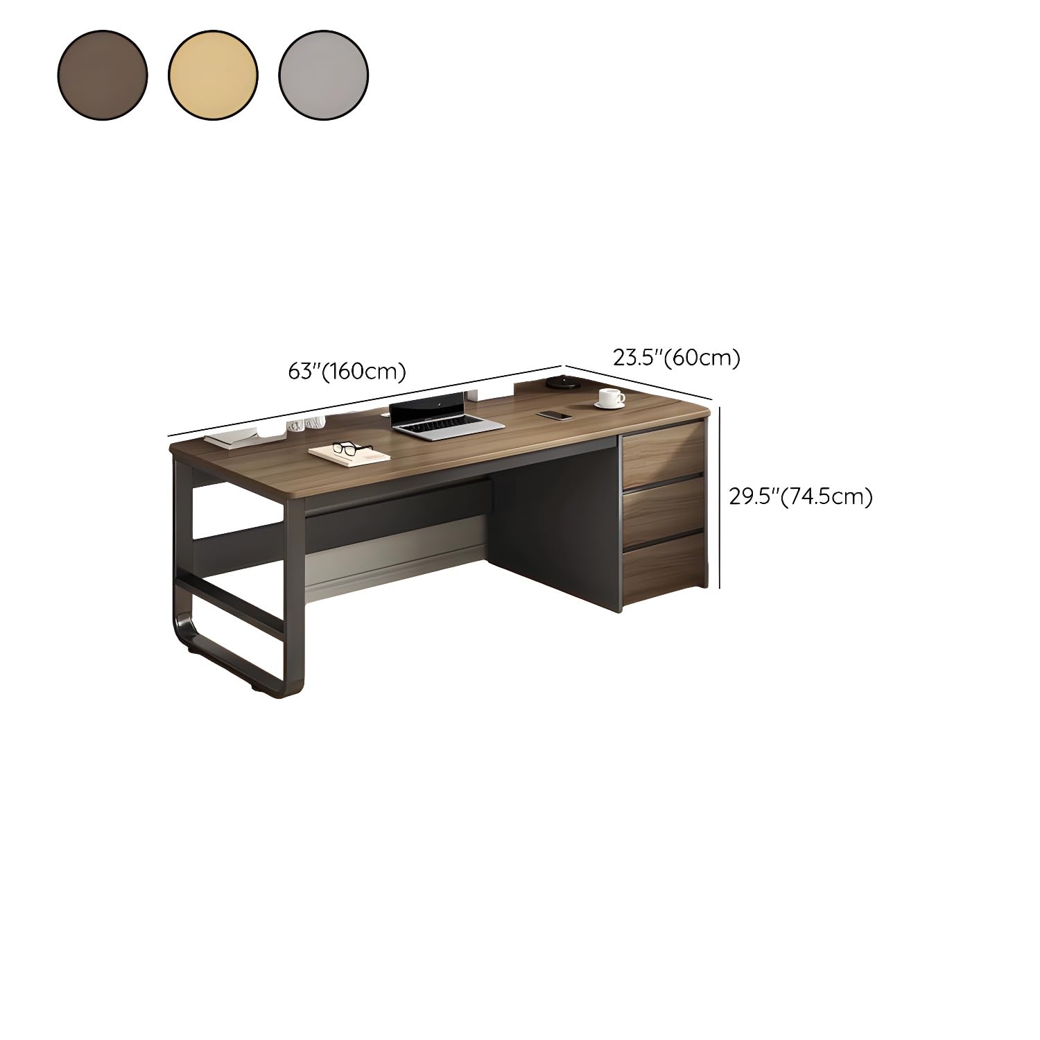 LITFAD Stylish Modern Office Desk with Built-in Cable Management and Wood Top Rectangular Computer Desk with 3 Drawers Perfect for Office or Home Use - Brown 63" L x 24" W x 29" H