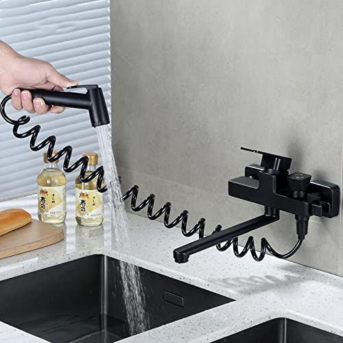 MINJING Bathtub Faucet Black, Swivel Spout Tub Filler Faucet with Handheld Bidet Sprayer, Brass Bathroom Toilet Bidet Attachment Set Wall Mount Hot and Cold Bidet Faucet