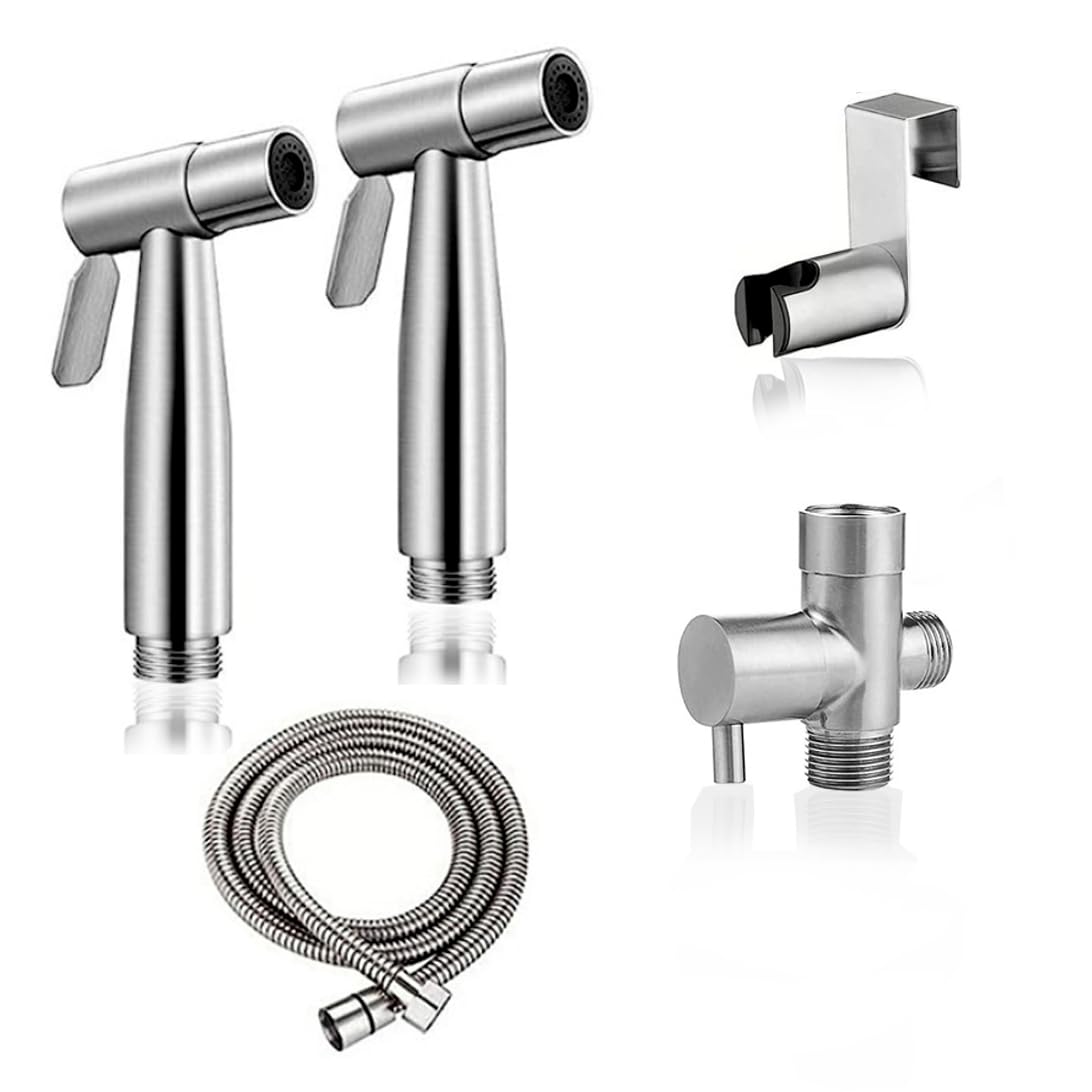 FES Handheld Bidet Sprayer for Toilet, Stainless Steel Material Adjustable Pressure Control Bidet Faucet Diaper Sprayer Set with Hose Attachment Easy Install for Kitchen and Toilet Cleaning (2PCS)