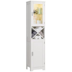 quimoo tall storage cabinet, bathroom cabinet with 2 doors & led sensor light, tall bathroom storage cabinet with 3 adjustable shelves, linen tower floor cabinet for living room, white