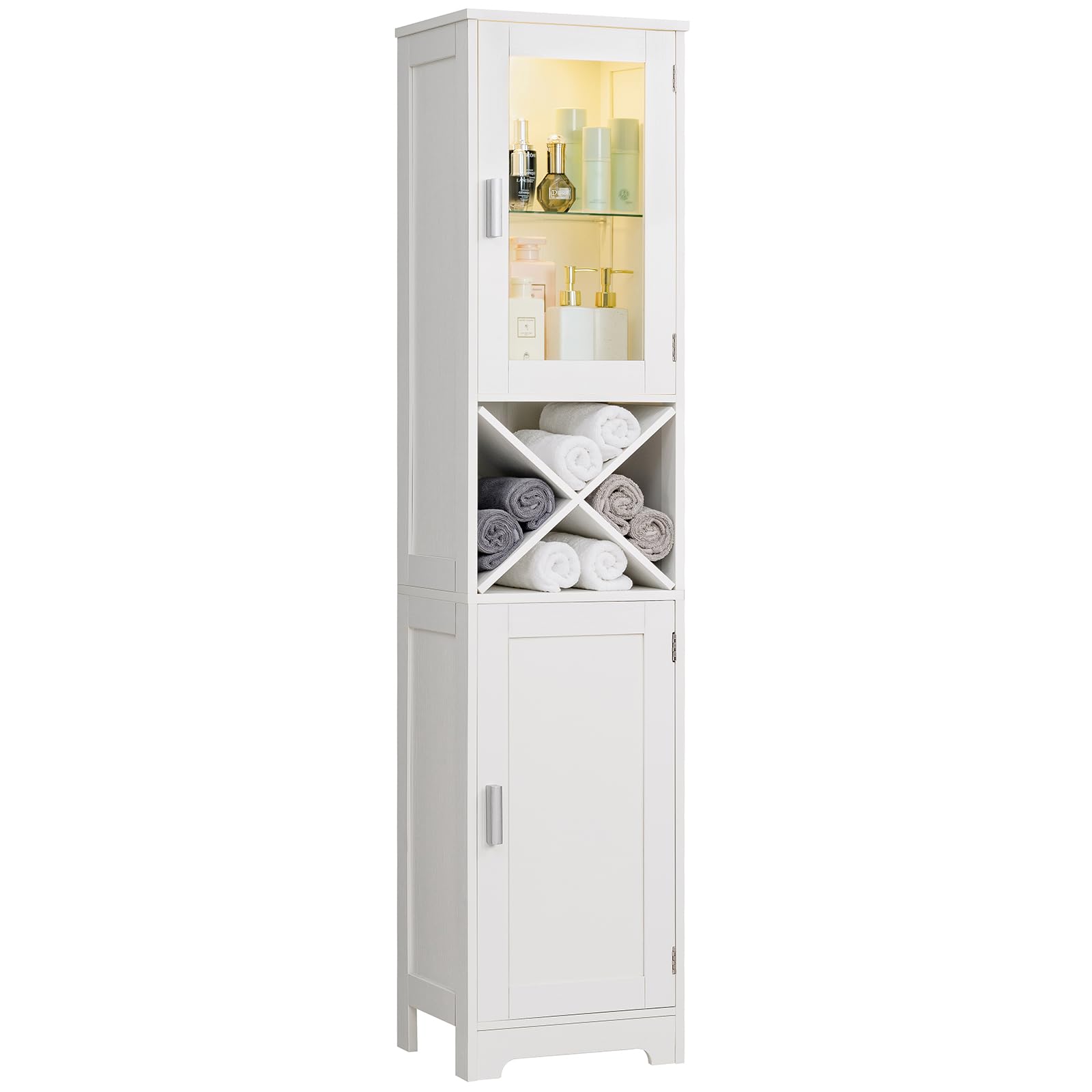 Quimoo Tall Storage Cabinet, Bathroom Cabinet with 2 Doors & LED Sensor Light, Tall Bathroom Storage Cabinet with 3 Adjustable Shelves, Linen Tower Floor Cabinet for Living Room, White