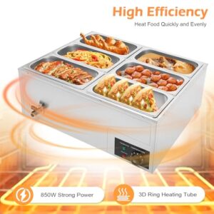 6-Pan Commercial Food Warmer, 850W Commercial Food Warmer Steamer Temperature Adjustable, Electric Stainless Steel Countertop for Parties, Catering, Restaurants