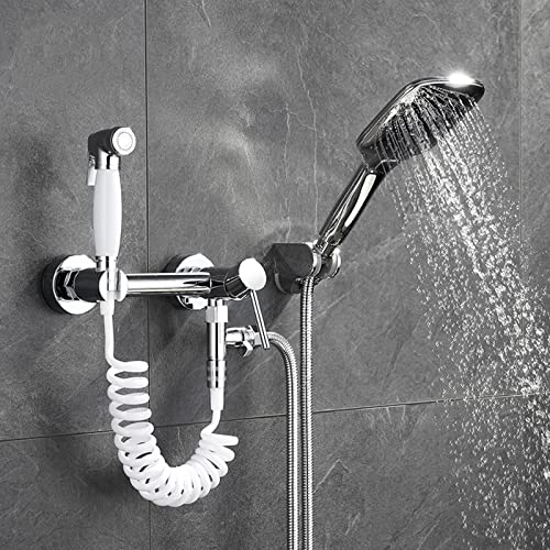 MINJING Brass Toilet Bidet Sprayer, Bathroom Handheld Shower Set, Bidet Faucet with Hot and Cold Water, Wall Mounted Bathroom Bidet Attachment Set for Personal Hygiene,B Set